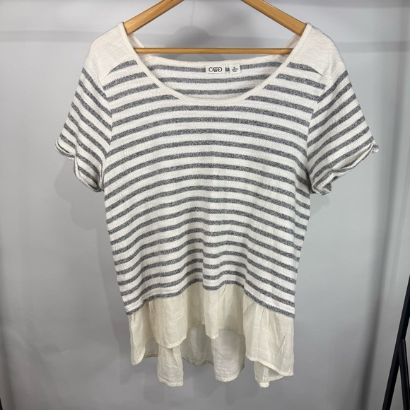Cato Women's Gray & Ivory Striped Short Sleeve High Low Top Size XL - Picture 2 of 8